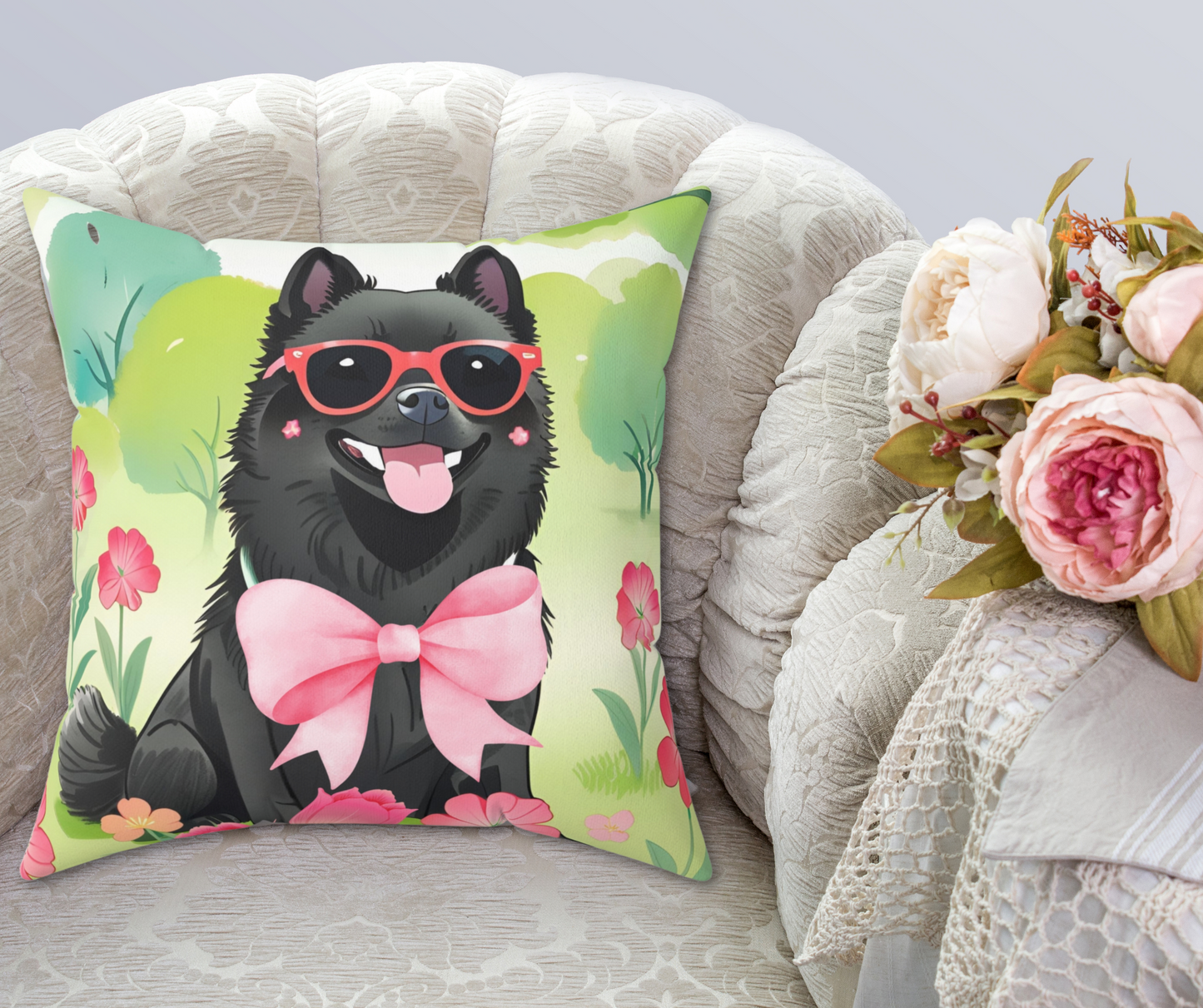 Schipperke in Bloom Throw Pillow