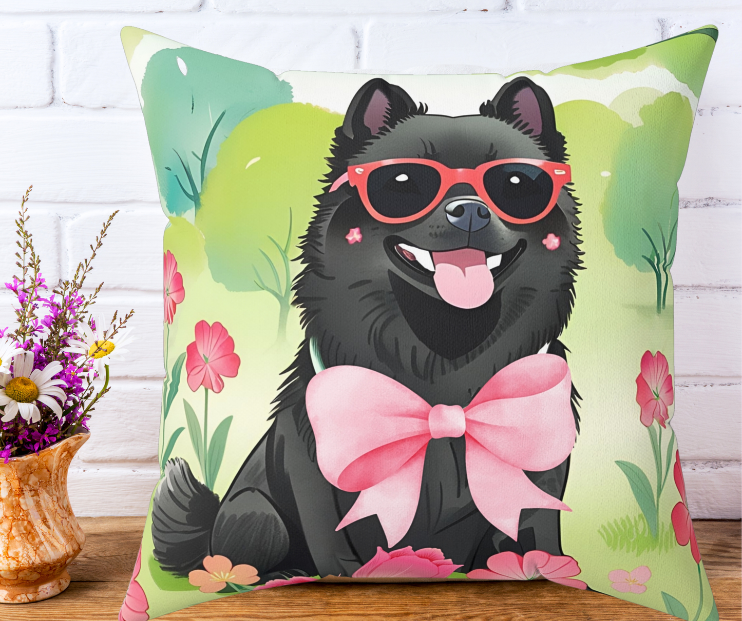 Schipperke in Bloom Throw Pillow