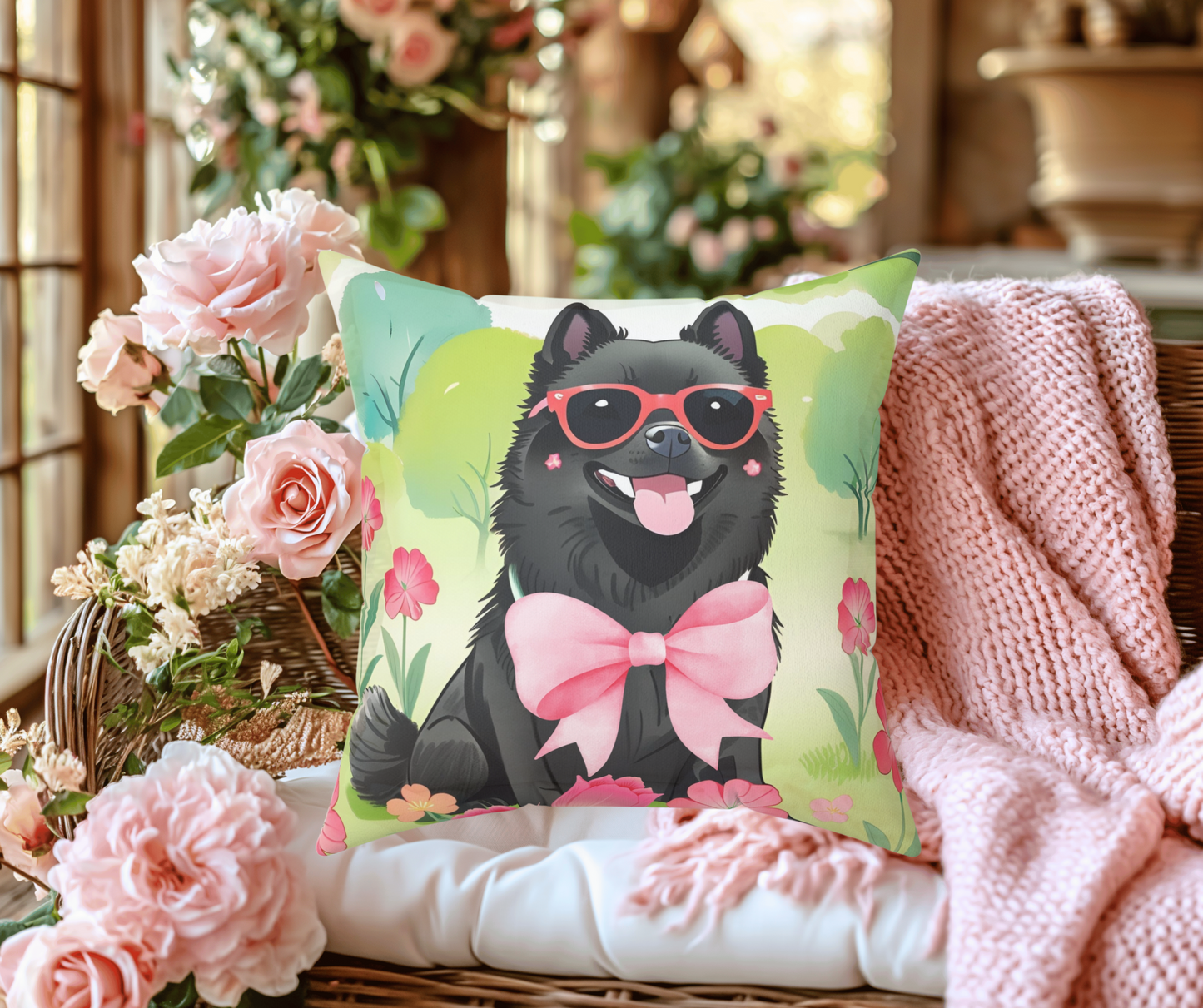 Schipperke in Bloom Throw Pillow